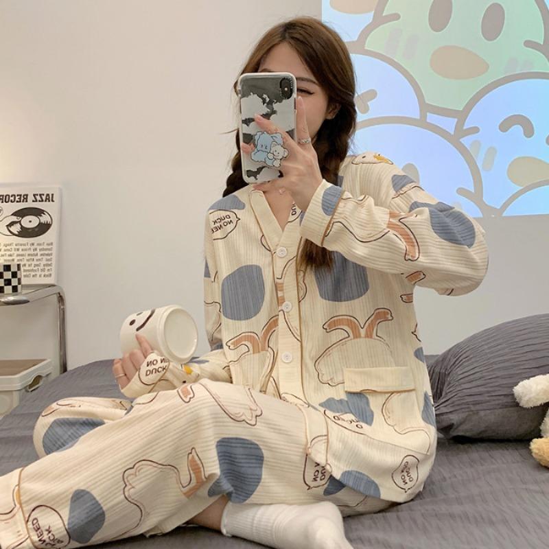 Women's Cardigan Plaid Top and Trousers, Pajamas, Loungewear, Casual, Cute, Cartoon Pajamas, Loungewear, Autumn and Winter