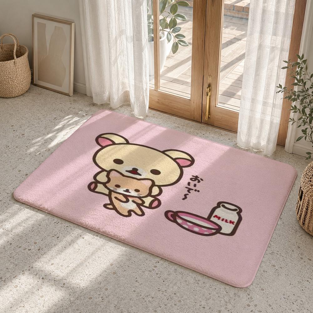 Cute Cartoon Rilakkuma Floor Mat Flannel Rug Non Slip Absorbent Soft Washable For Entryway Hallway Bathroom Kitchen Decor