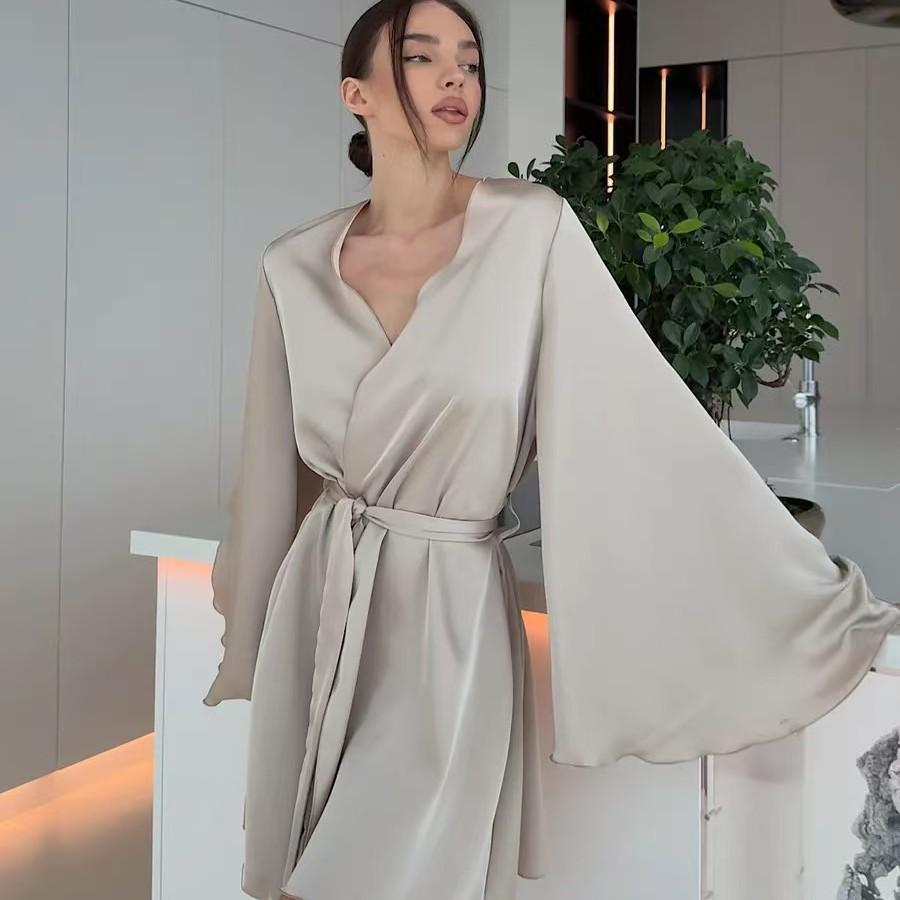 Satin simulation silky comfortable pendant feeling large cuff bathrobe fashion dinner luxury high-end lace-up nightgown women