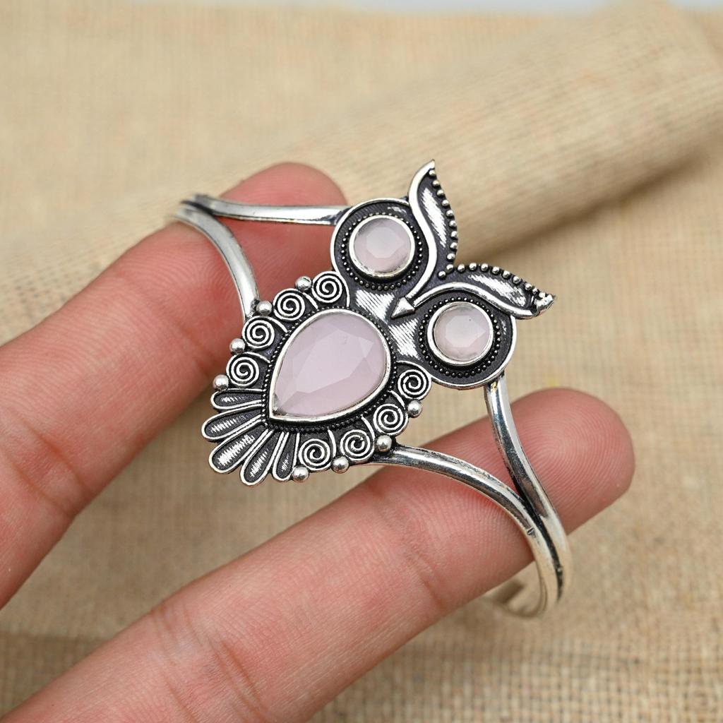 Pink Chalcedony Gemstone Jewelry 925 Sterling Silver Handmade Bracelet Cuff Adjustable Owl Design Bangle