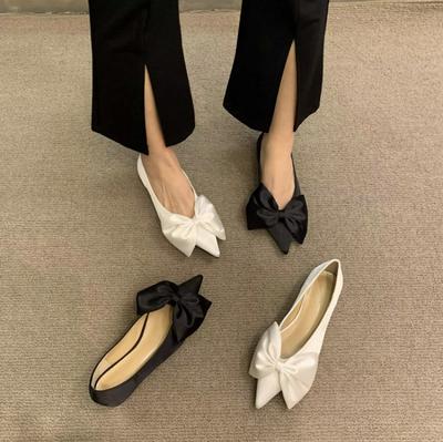 Flat Shoes for Women Plus Size 43 44 Spring  Autumn New Style Pointed Toe Bow Black Ladies Shoes  Loafers  Women Shoes