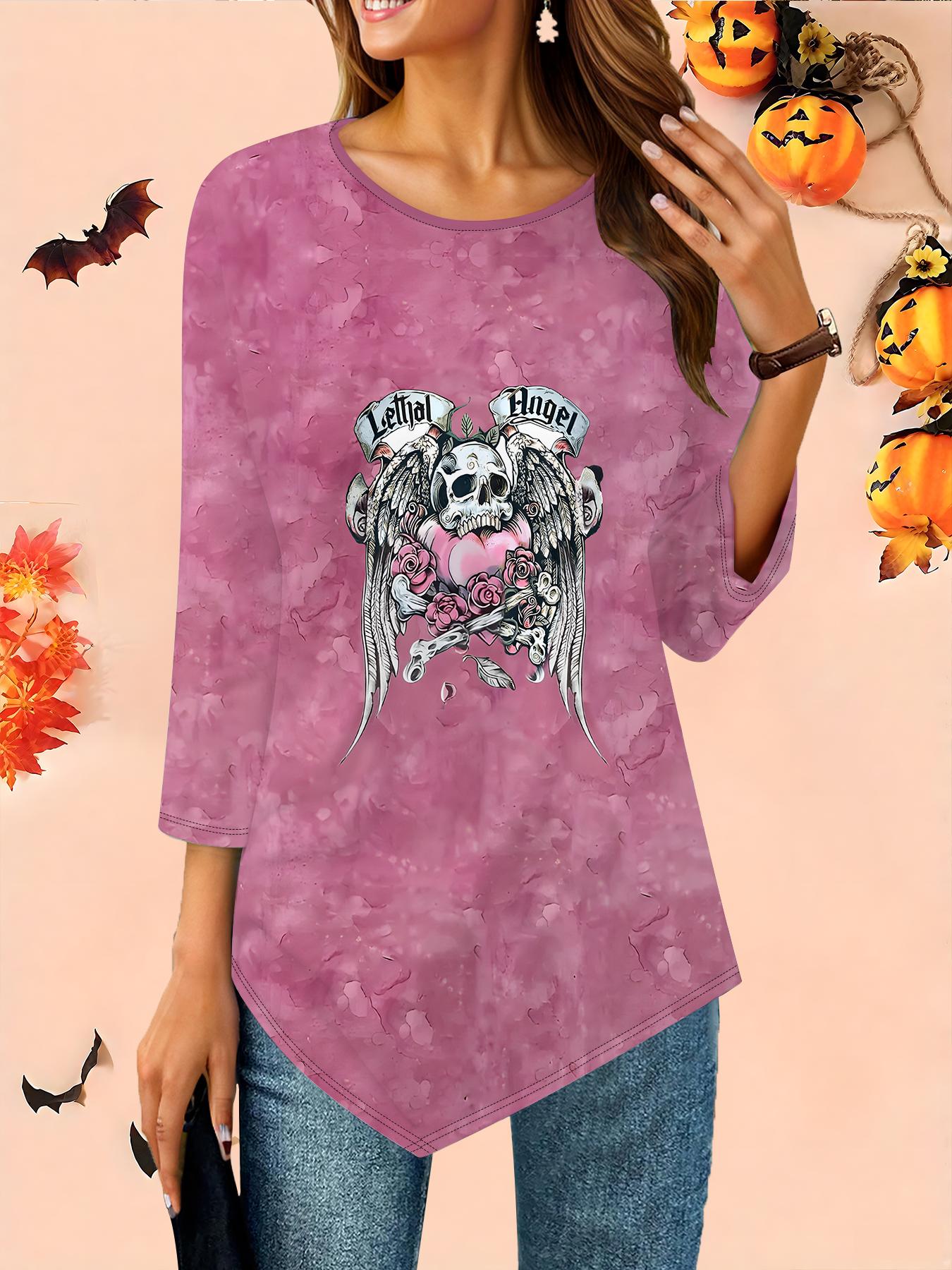 

Женская свободная футболка с круглым вырезом и рукавом три четверти, 3D-рисунок на Хэллоуин, идеальный подарок на Хэллоуин и Рождество 8XL розовый