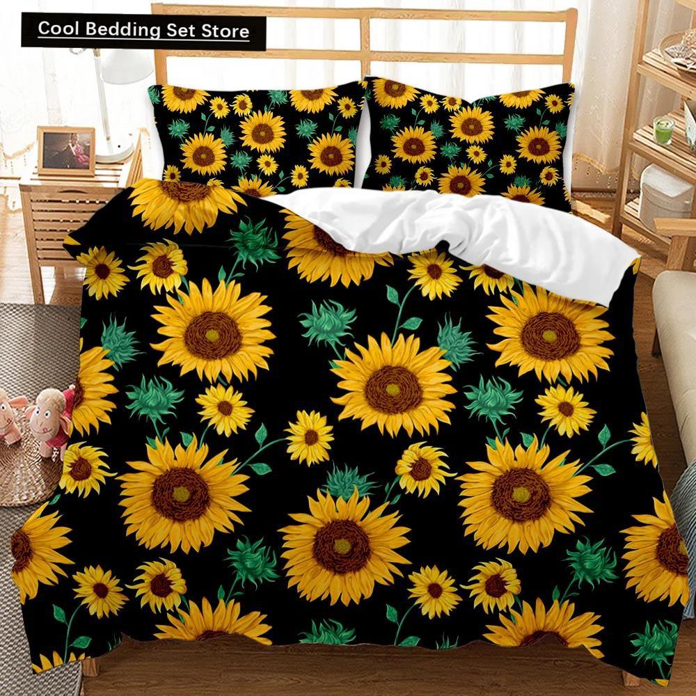 Comforter Sunflower Girly Yellow Floral Print Twin Comforter Women Blossom Flowers Polyester Bedding Set King Size