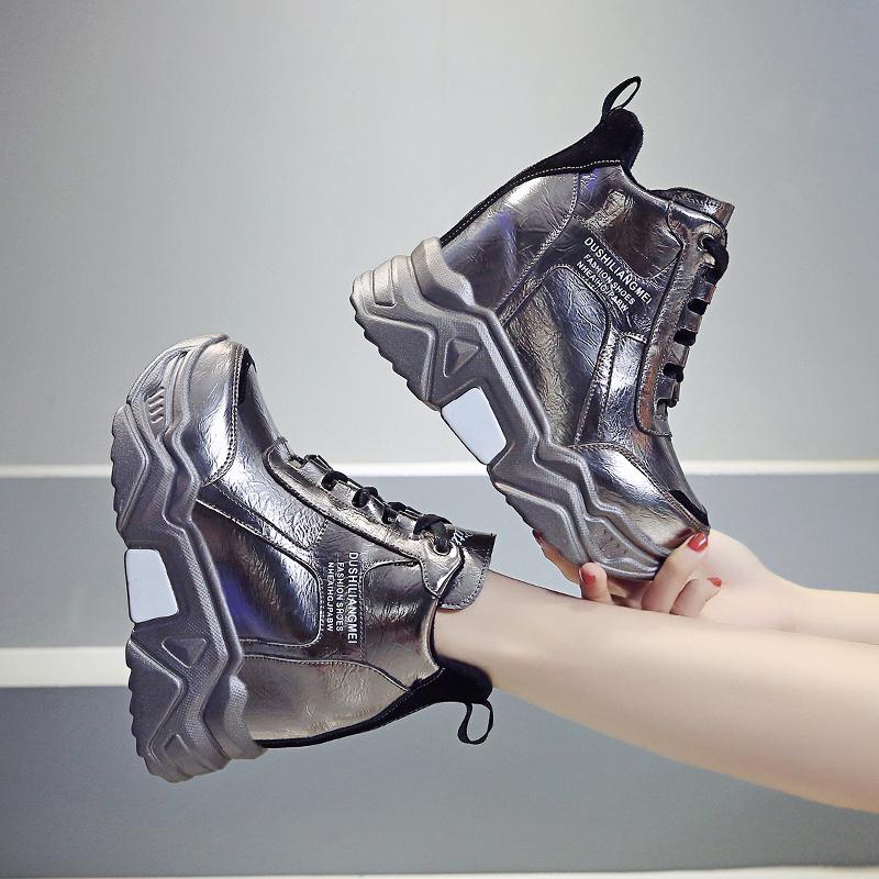 Rimocy Metallisches Silber Klobige Plateau-Sneakers Damen Winter Warm Super High Heels Freizeitschuhe Frau Höhenerhöhende Stiefel Mujer