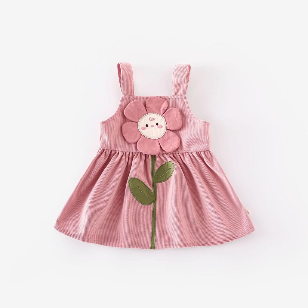 2025 Autumn Girls' Floral Embroidered Cartoon Suspender Dress - Korean Style