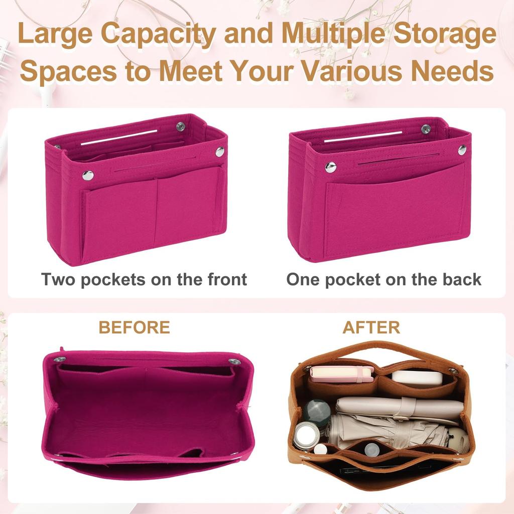 Uxcell Portable Felt Bag Organizer Insert with Snap Closure, Multi-Function Compartment, Dome Shaper for Satchels, Totes, and Handbags (17cm X 10cm X