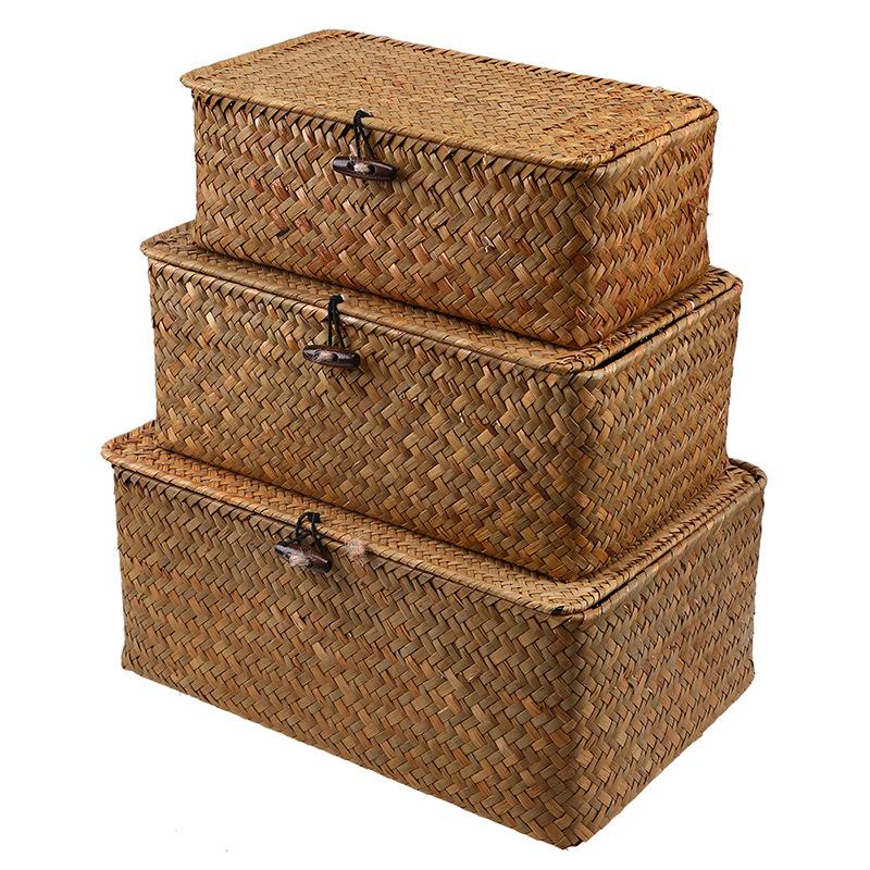 Handcrafted Grass 3pcs Woven Storage Box With Lid Lock Gifts Xmas Hamper Basket