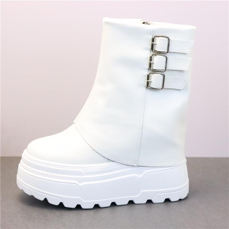 

Fashion 12CM Women Boots Warm Genuine Leather Autumn Winter Motorcycle Booties Platform Super Thick Sole Shoes 34