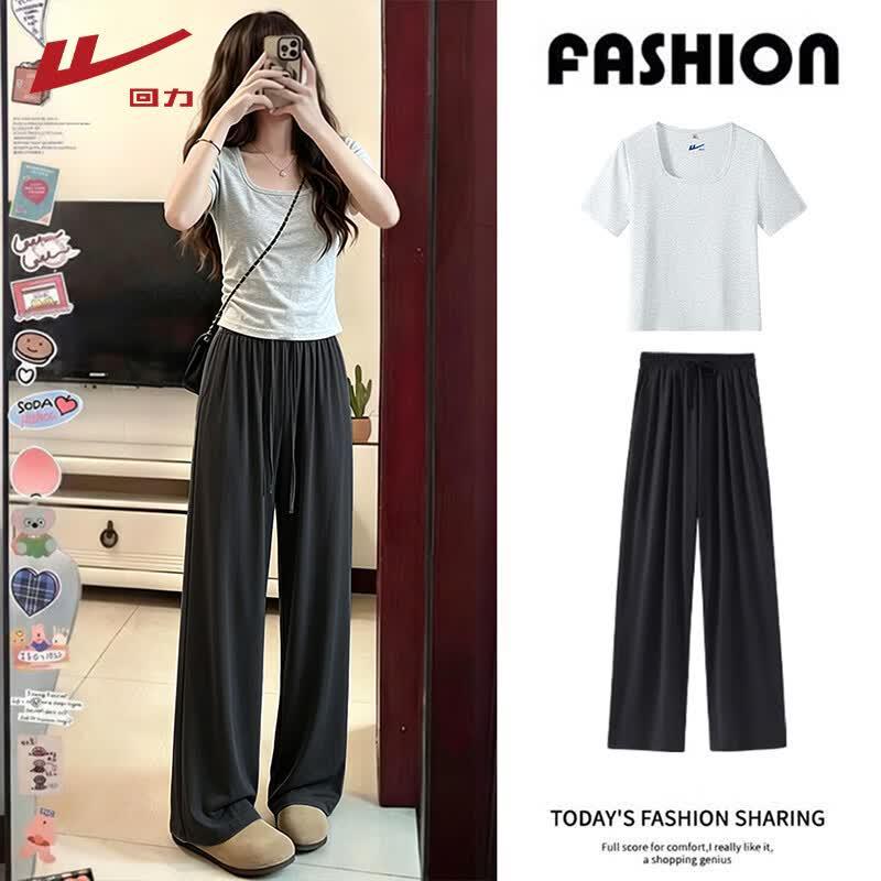 Warrior 2026 Summer Women s Square Neck Short Sleeve & Straight Pants Two-piece Set XL