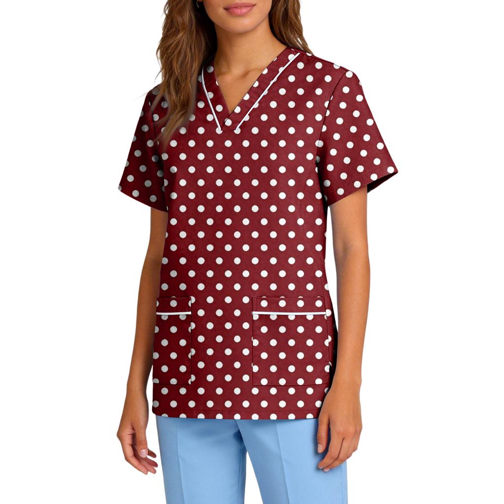 Women's Stretch Quick-Dry V-Neck Short Sleeve Workwear Top with Polka Dot Print & Pockets