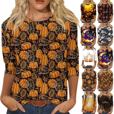 Dammode avslappnad rund hals 3/4 ärm lös tryckt T-shirt dam topp