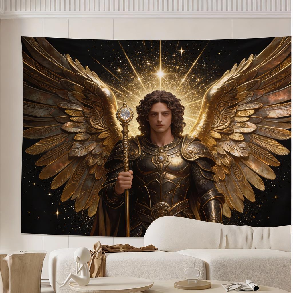 Luxurious Saint Michael Angel Golden  White Tapestry  Intricate Heavenly Design with Radiant Stars HighQuality Polyester Fab