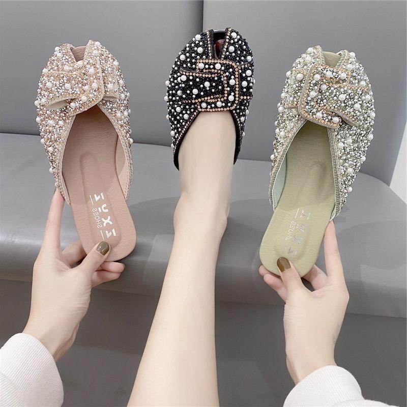 Cool Slippers Women Wear 2025 Summer New Versatile Flat Bottom Internet Celebrity Lazy Shoes Rhinestone Fashion Bag Head Half Slippers