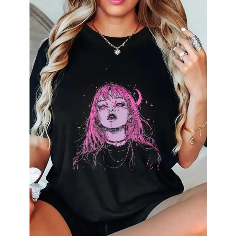 Oversized T Shirt Black Pink Hair Girl With Moon And Stars Print Casual Streetwear For Women