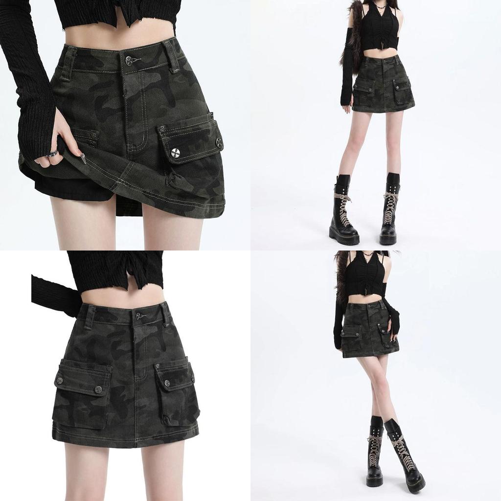 Minigonna in Denim Mimetico Verde Militare con Lavaggio Vintage per l'Uso Casual Estivo