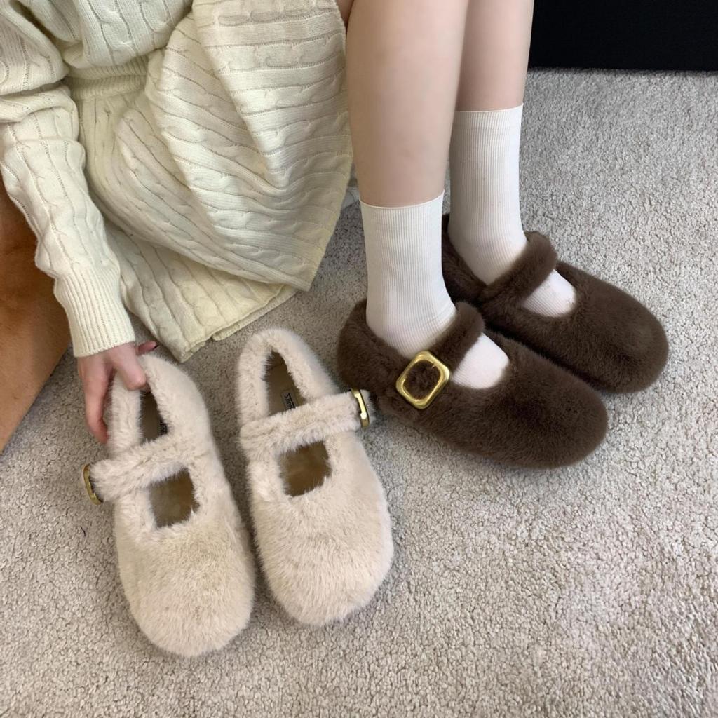 2025 Autumn and Winter New Square-headed Mink Fluff Fleece Guarantee One Word with Platform Ballet Beanie Women's Single Shoes Flat Bottom