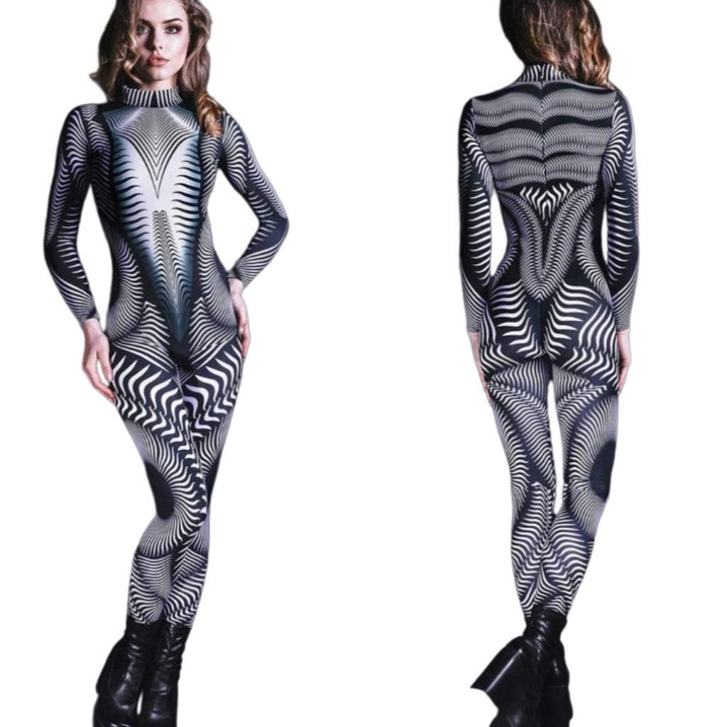 Unisex Cyber Punk 3D Digital Stripe Printing Halloween Party Role Play Outfit Women Men Cosplay Costume Carnival Jumpsuit