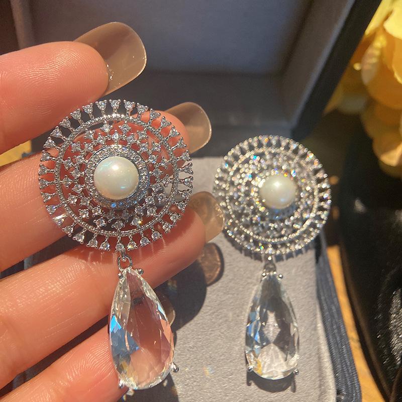 Color Dandelion Water Drop Pearl High-End Temperament Earrings Women'S Micro-Inlaid Zircon Ear Jewelry