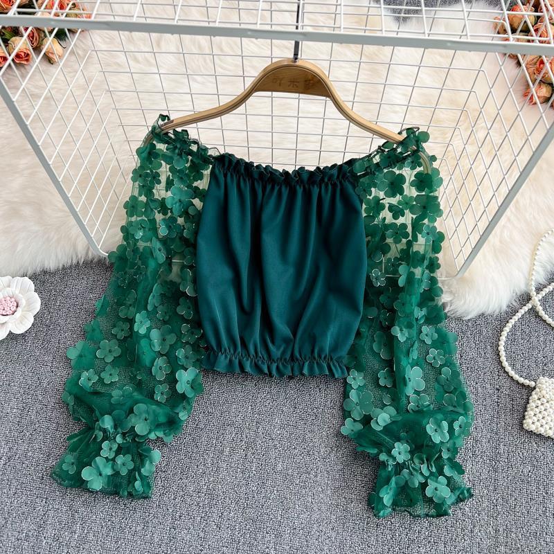 Top da Donna Elegante Monospalla in Chiffon a Rete Floreale 3D - Ampio, Modellante in Vita e Off-the-Shoulder per l'Estate