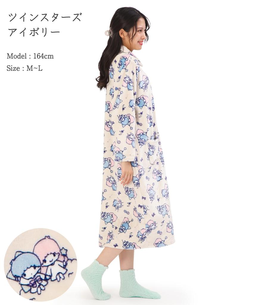 SAZAC KikiLala Nightgown Pajama Dress, Women's, Fluffy Twin Stars Print, Long Sleeve, Open Front, Fall/Winter Flannel Loungewear (Ivory/M-L/san1983)