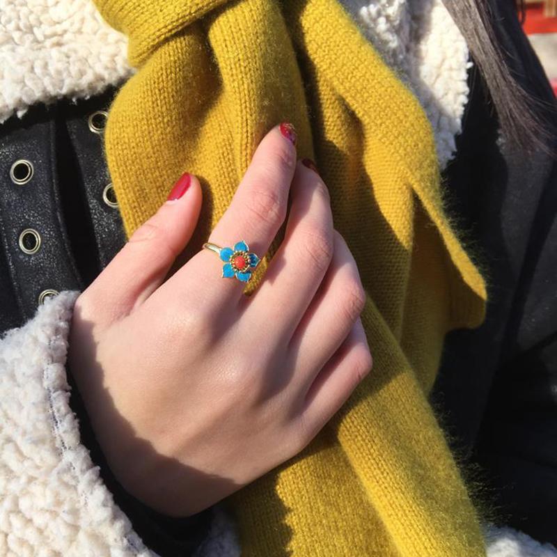 Natural South Red Tourmaline Flower Opening Ring Chinese Style Retro Palace  Unique Ancient Gold Craft  Jewelry