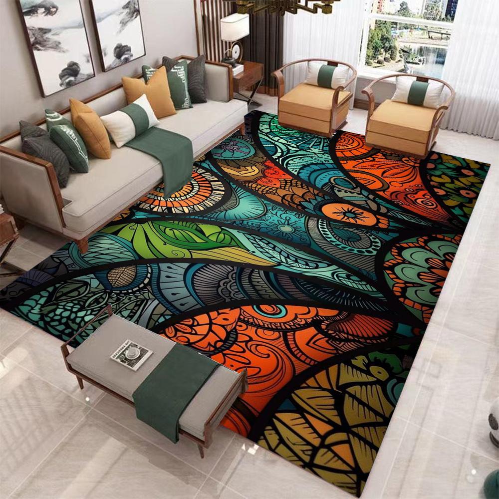 Bohemian Mandala Floral Carpet With Colorful Geometric Collage Design Retro Art Style NonSlip Rug For Living Room Sofa Area