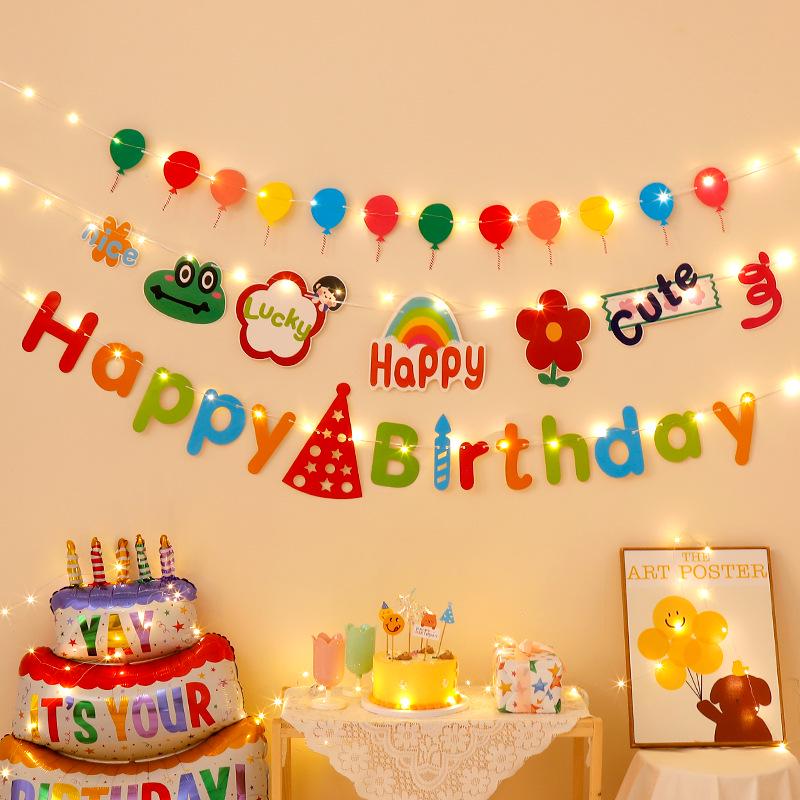 First Birthday Party Hanging Decoration: Happy Birthday Banner with Pom Poms and Bunting for Kids.