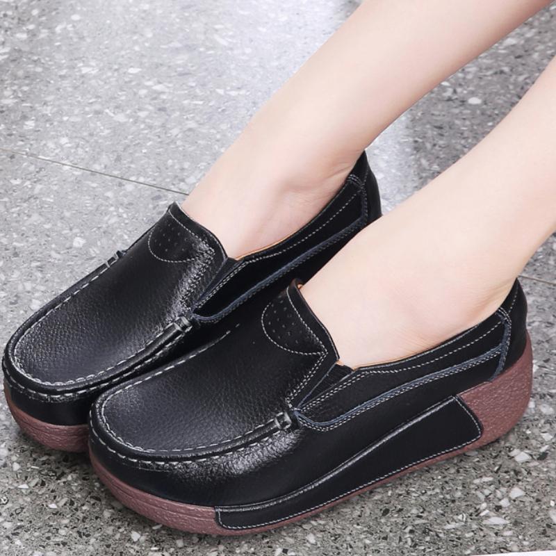 Genuine Leather Casual Shoes Women Fashion Platform Shoes Slip-on Loafers Walking Wedge Heels Rocker Shoes