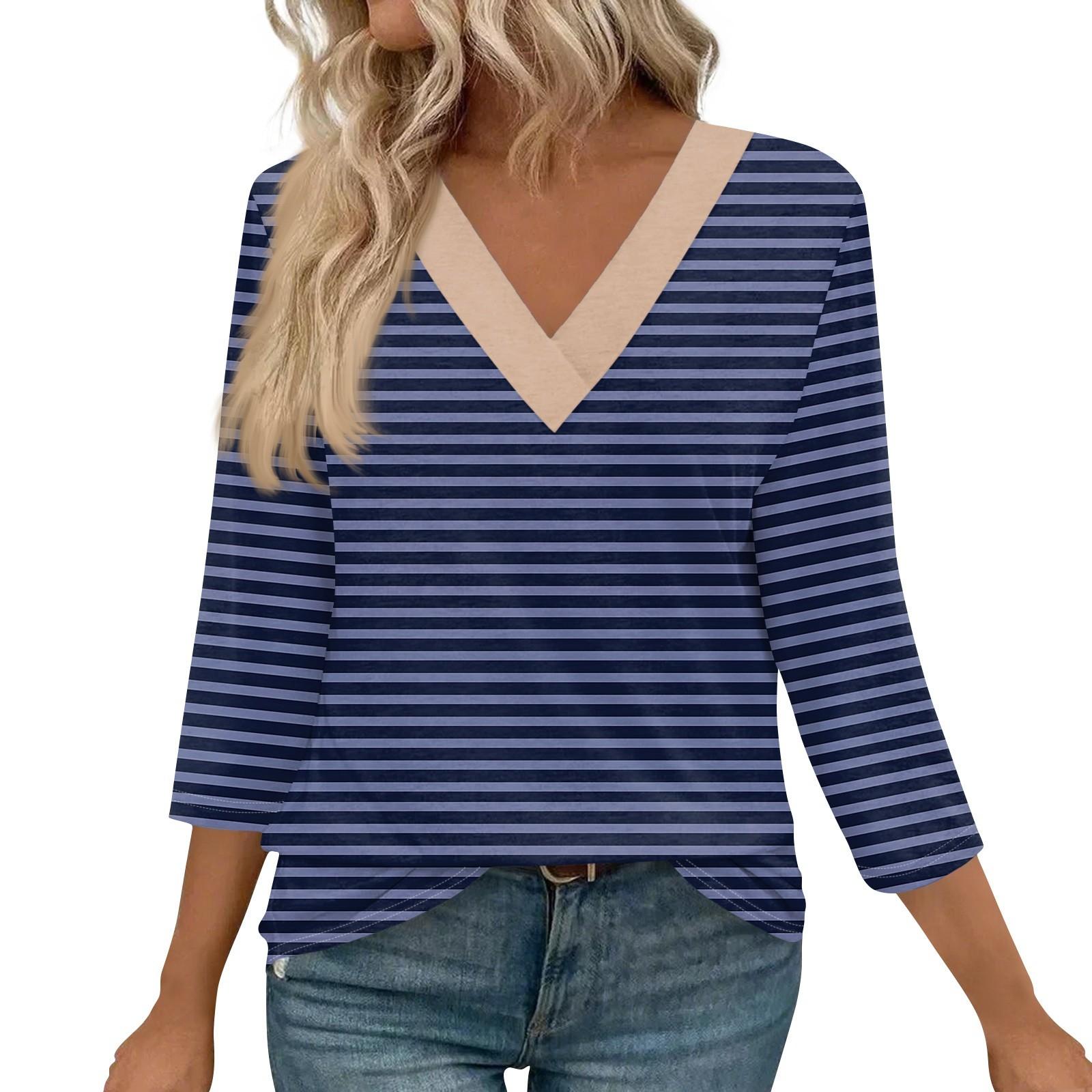

Женские рубашки с рукавом 3/4, топы с принтом и V-образным вырезом, повседневные топы, базовые футболки, блузки, свободные топы XXXL тёмно-синий