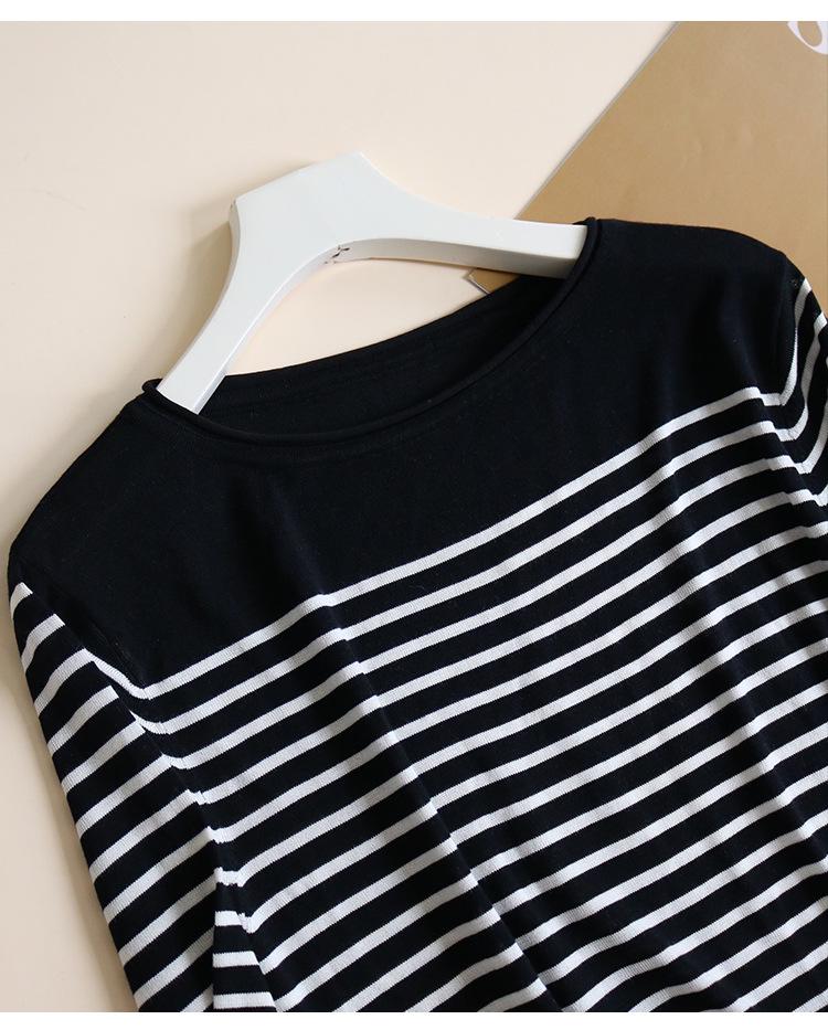 Tangge Women's Silk Lyocell Striped Long Sleeve Crew Neck T-Shirt