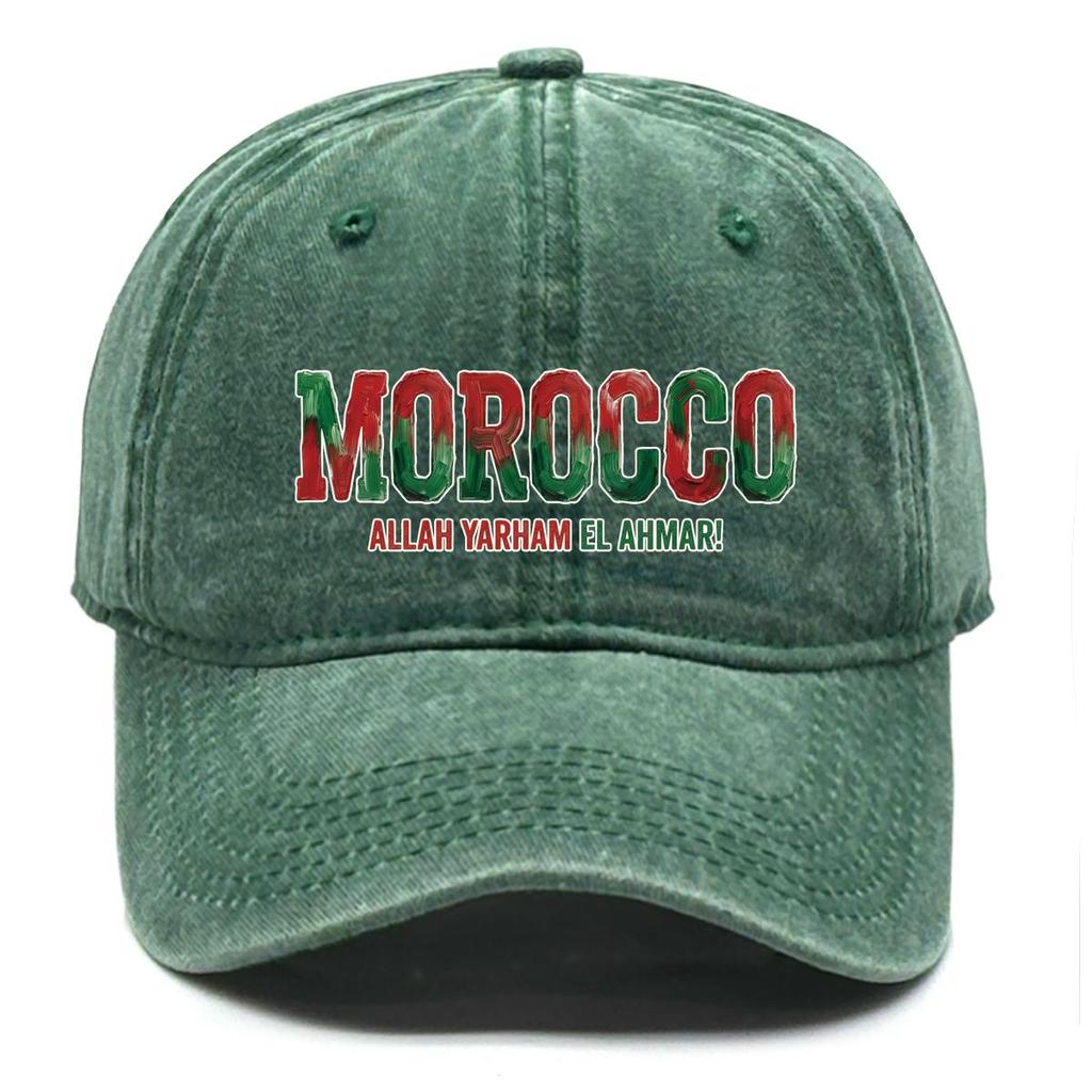 Baseball Cap With "MOROCCO" "ALLAH YARHAM EL AHMAR" Flag Printed , Adjustable Sun Hat Headwear Unisex Trendy Casual Dad Hat