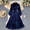 Hohe Qualität Herbst Winter Frauen Vintage Palace Samt Party Kleid Mode Stehen Kragen Lange Midi Casual Velour Kleider