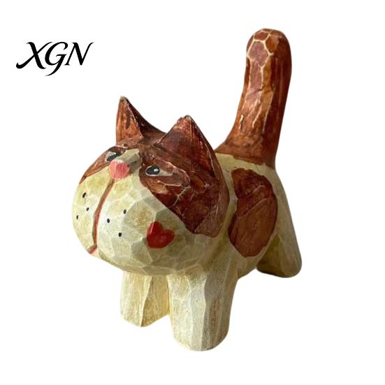 Unique Handcrafted Cat Decor Tabby Wood Figurine with Painting, Hand Carved Basswood Decorative Car Accessories Statue, Animal Art Ornament