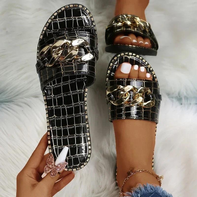 

мода мода сексуальный цепочка замок сплошной цвет плюс размер лето новый стиль римский стиль плоские уличные женские тапочки женские сандалии 35-42 35 чёрный