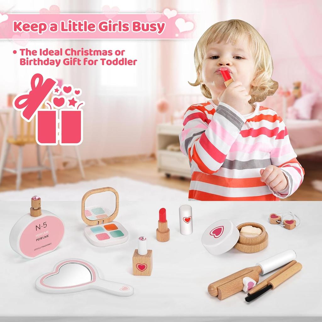 16-Piece Wooden Makeup Toy Set, Pretend PlayKit for Toddlers & Little Girls 3+, Fake Makeup&Beauty Salon Toys, Birthday Gifts