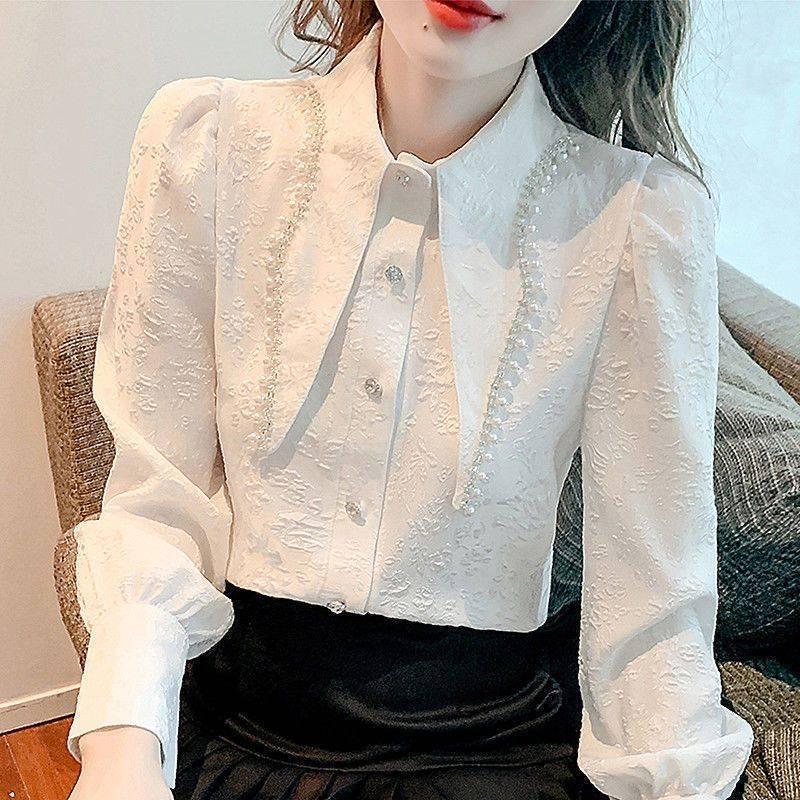

2025 Spring/Autumn French Chic Sweet Peter Pan Collar Bubble Sleeve White Women s Shirt L (105-120 lbs)