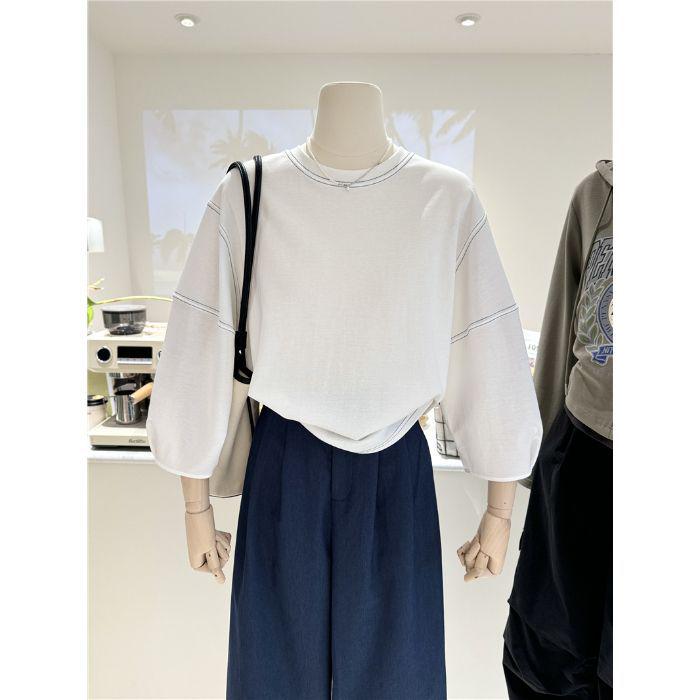 

Корейский ретро-белый топ с рукавами-фонариками и яркой строчкой 2XL