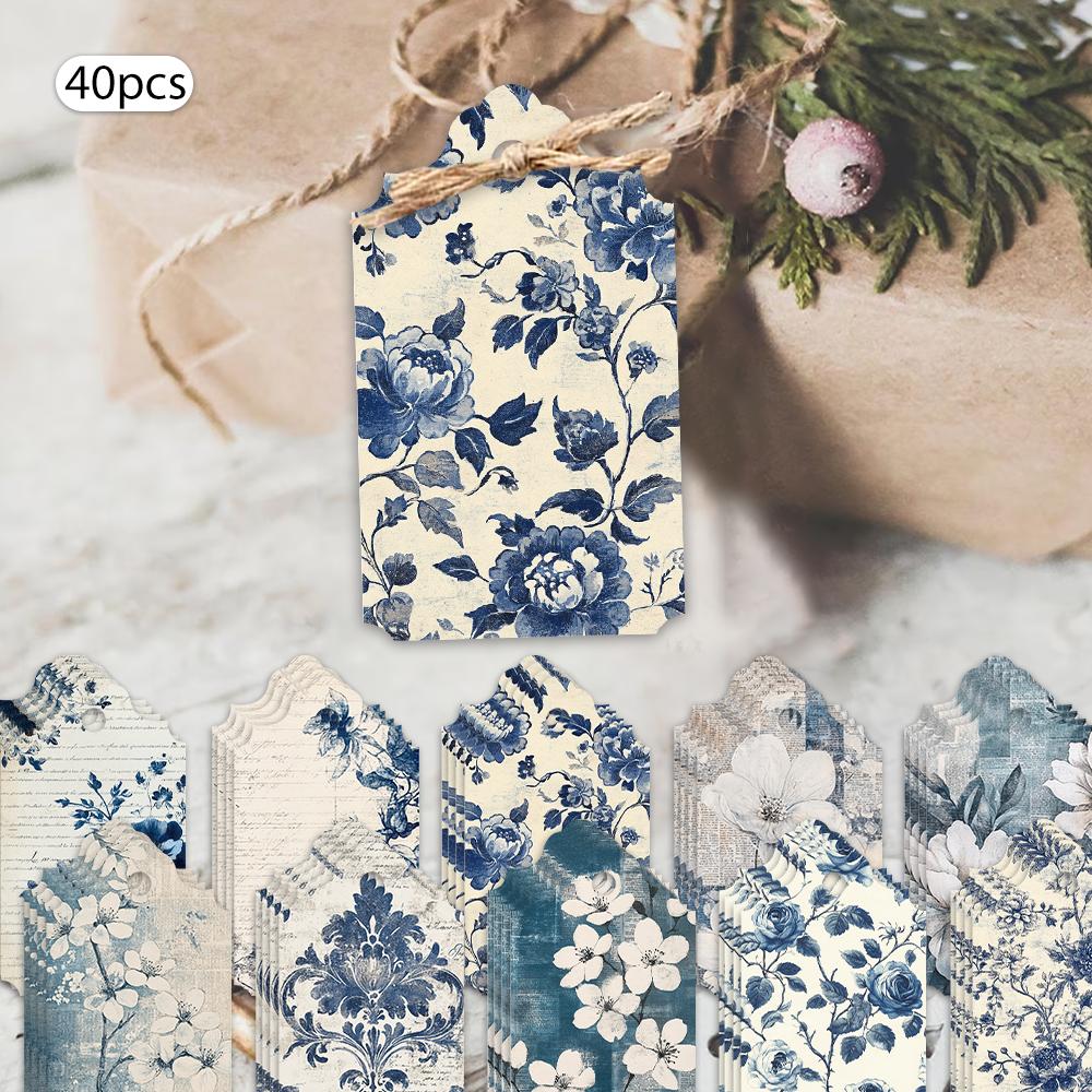 40pcs Vintage Blue Floral Tags, Hang Tags, Suitable for Gifts, Weddings, Bridal Parties, Birthday Cards, Includes Hemp String.