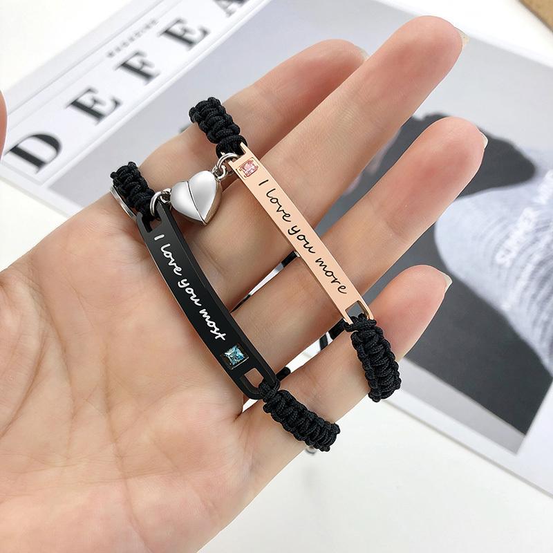 Matching Heart Promise Couples Personalized Bracelets, Custom Engraved Name ID Tag Bracelet, Valentines Day Gift