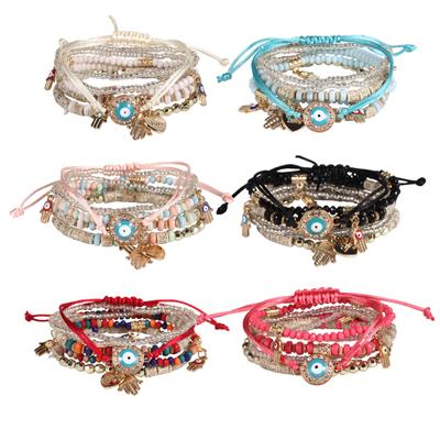 New Evil Eye Beads Bracelet Set For Women Bohemia Fatima Hand Charm Beaded Chain Bangle Girls Boho Party Jewelry