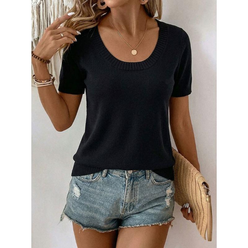 Women's Summer Thin Knitted Top, Slim Fit Short Sleeve Crew Neck T-Shirt
