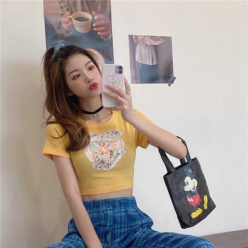 Elegant Angels Aesthetic Vintage T-shirts For Women With 90s Graphic Korean Style