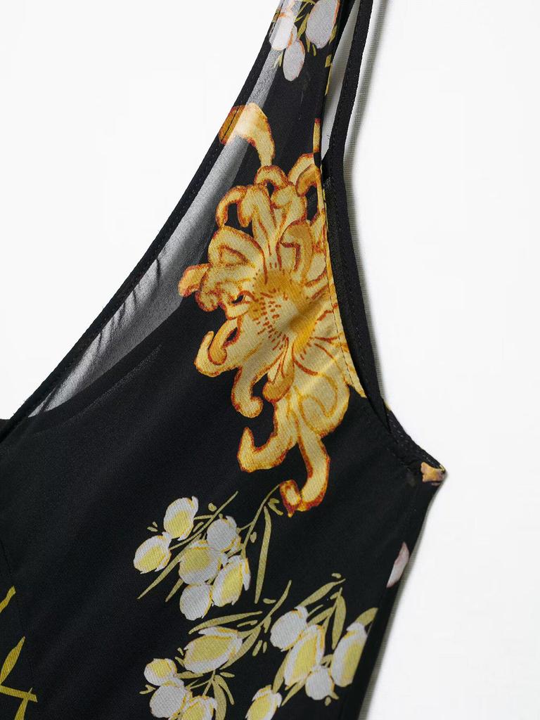 2025 Spring/Summer Women's Slim Fit Backless Floral V-Neck Sleeveless Dress