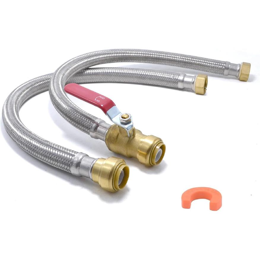 24" Stainless Steel Braided Flexible Water Heater Connector, Push To Connect Brass Plumbing Fitting,3/4" Ball Valve X 3/4" FIP, (2 Pack)
