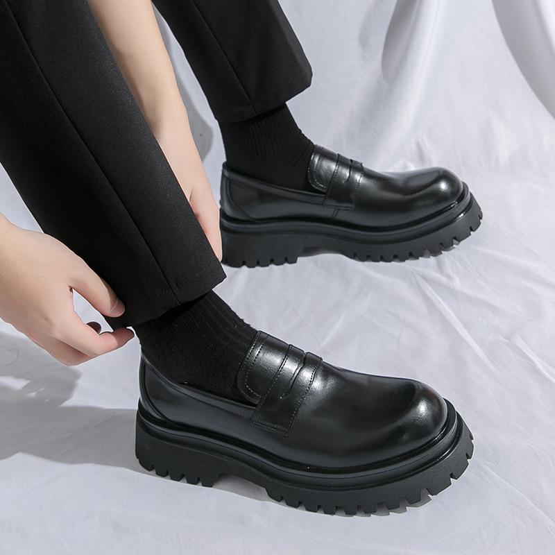 New four-season one-pedal loafers platform-soled heightening shoes black fashion men's casual British leather shoes