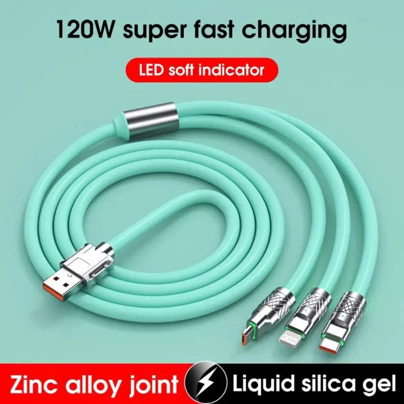 3 in 1 USB Cable 6A 120W USB Cable Fast Charging Data Cord For Iphone Samsung Huawei Xiaomi Multi Port Multiple Charging Wire