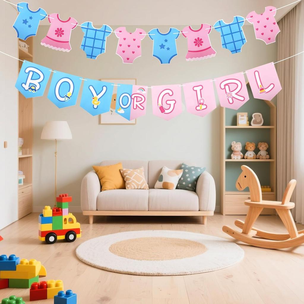 Boy or Girl Banner, Pre-Strung Neutral Gender Reveal Decorations Paper Baby Shower Garland with Blue & Pink Bodysuit Clothesline Decor for Pregnancy