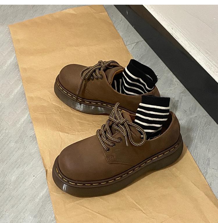 

Sheepskin version~ Leather round head Crazy Horse brown Martin shoes British style small leather shoes women s platform muffin loafers single shoes 40