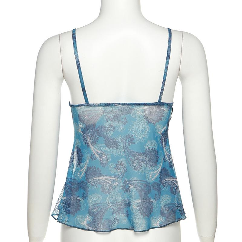 Netz durchsichtig bedruckte Weste Damen Sexy Lässig V-Ausschnitt Ärmellos Träger Camisole Patchwork Tanktop Streetwear