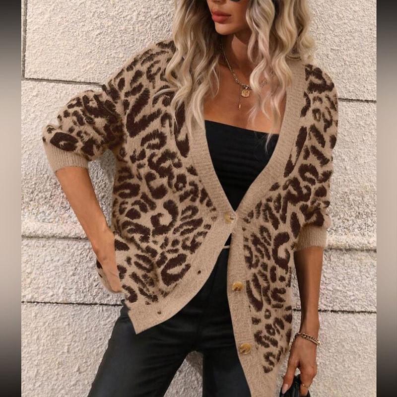 Womens Oversized V-Neck Leopard Print Knit Cardigan Long Sleeve Casual Sweater Winter